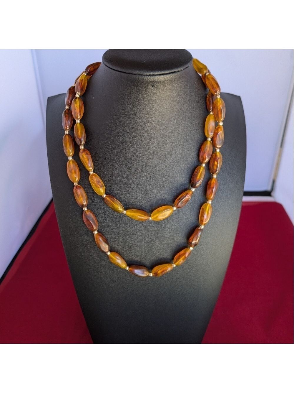 Vintage Two Strand simulated Amber Bead Necklace Faceted Beads Gold Tone Accents